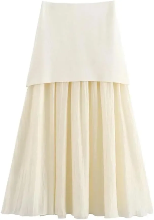 Dndrdhfb Women Two Piece Sets Solid Buttons Knit Waistcoat And High Elastic Waist Pleated Midi Skirt