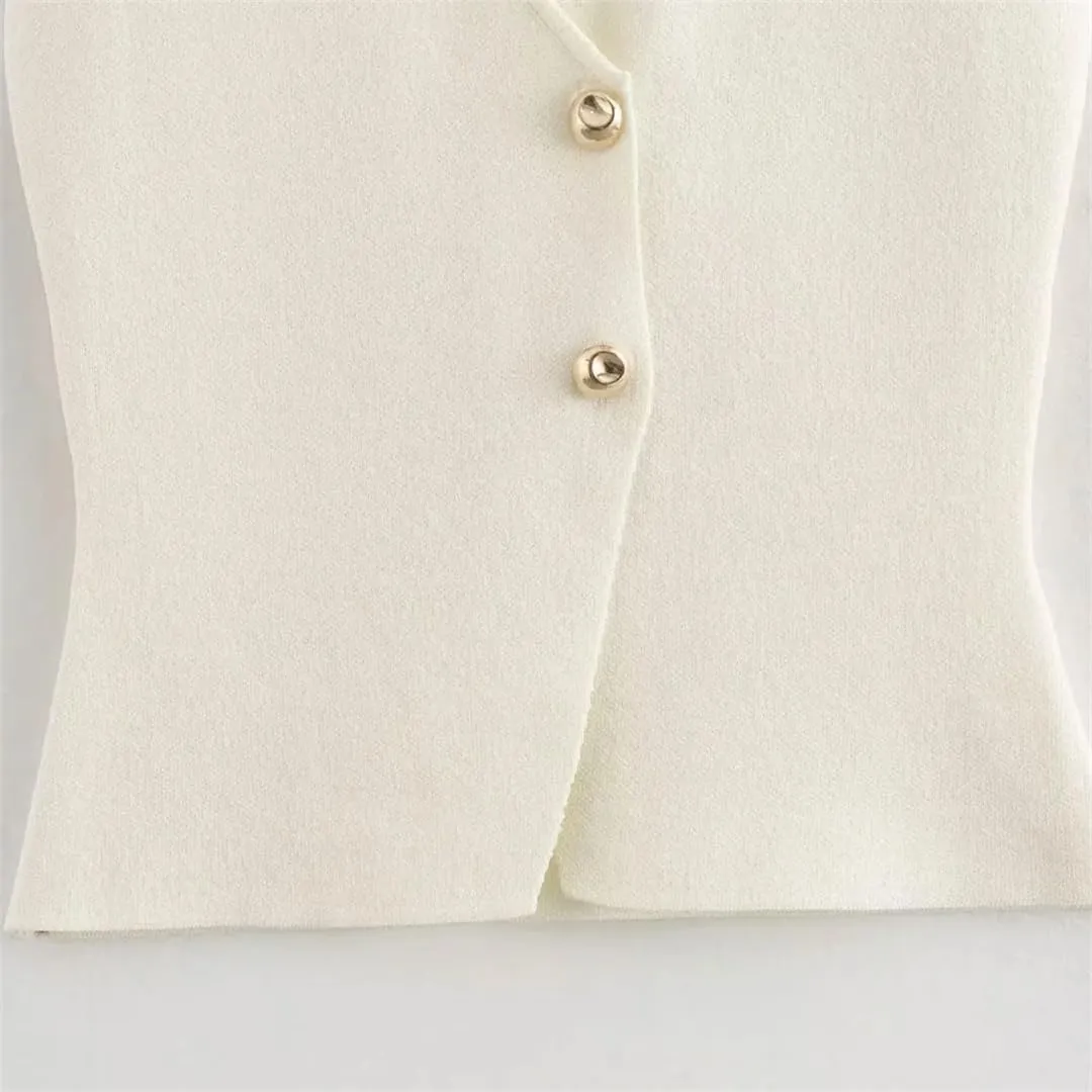 Dndrdhfb Women Two Piece Sets Solid Buttons Knit Waistcoat And High Elastic Waist Pleated Midi Skirt