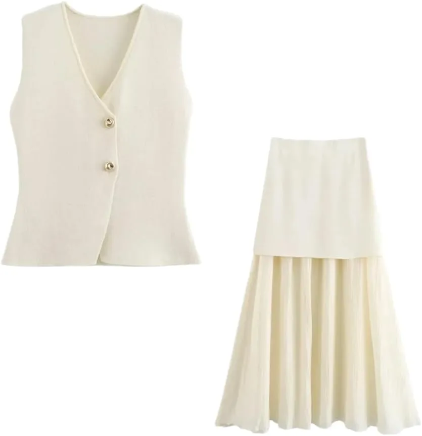 Dndrdhfb Women Two Piece Sets Solid Buttons Knit Waistcoat And High Elastic Waist Pleated Midi Skirt