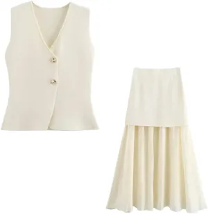 Dndrdhfb Women Two Piece Sets Solid Buttons Knit Waistcoat And High Elastic Waist Pleated Midi Skirt