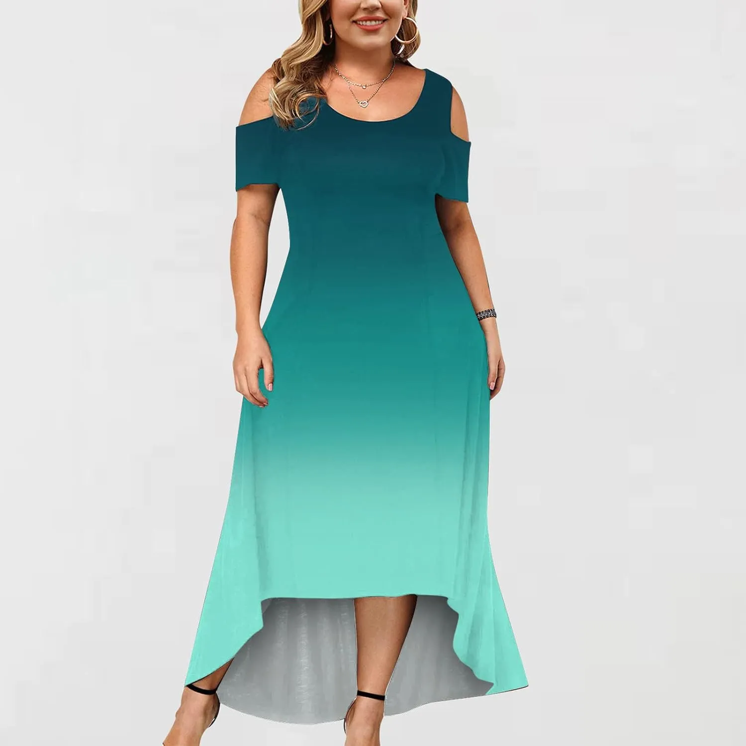 Dress for Women's Plus Size Cold Shoulder Maxi Dress Gradient Floral Skirt Beach Sundress Short Sleeves Midi Dress