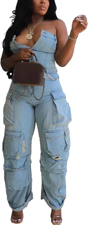 Ecirod Women Denim Strapless Jumpsuit Sexy High Waisted Cargo Pants Tube Top One Piece Jean Romper