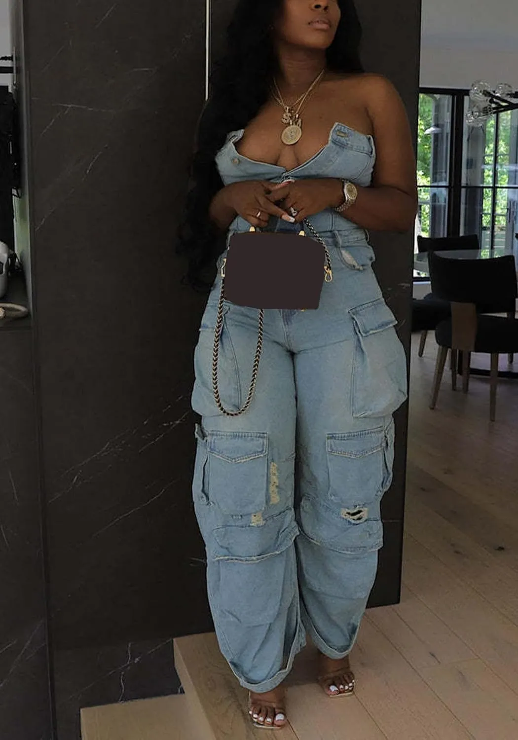 Ecirod Women Denim Strapless Jumpsuit Sexy High Waisted Cargo Pants Tube Top One Piece Jean Romper