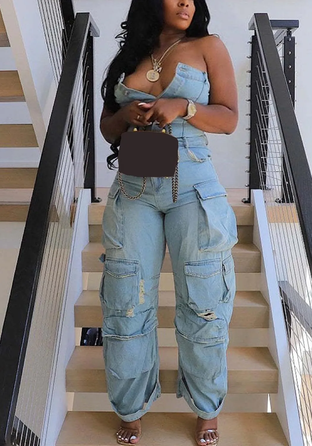 Ecirod Women Denim Strapless Jumpsuit Sexy High Waisted Cargo Pants Tube Top One Piece Jean Romper