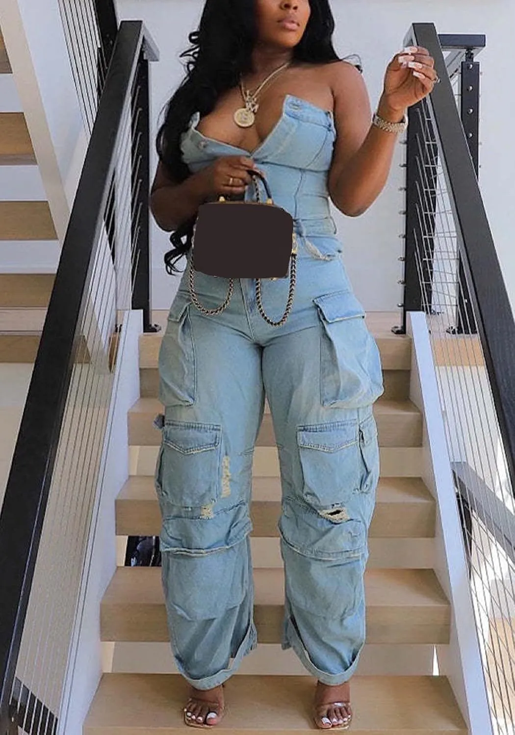 Ecirod Women Denim Strapless Jumpsuit Sexy High Waisted Cargo Pants Tube Top One Piece Jean Romper