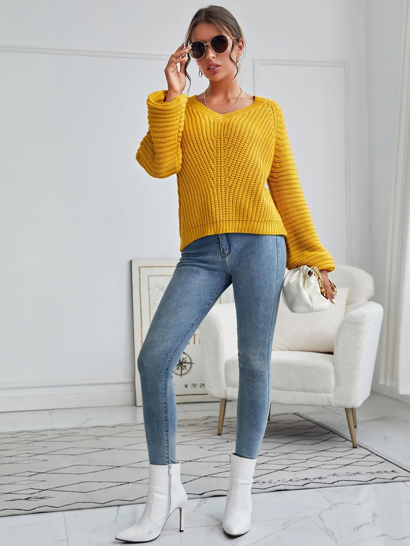 Fashionable Plain Long Sleeve V Neck Regular Women Sweater
