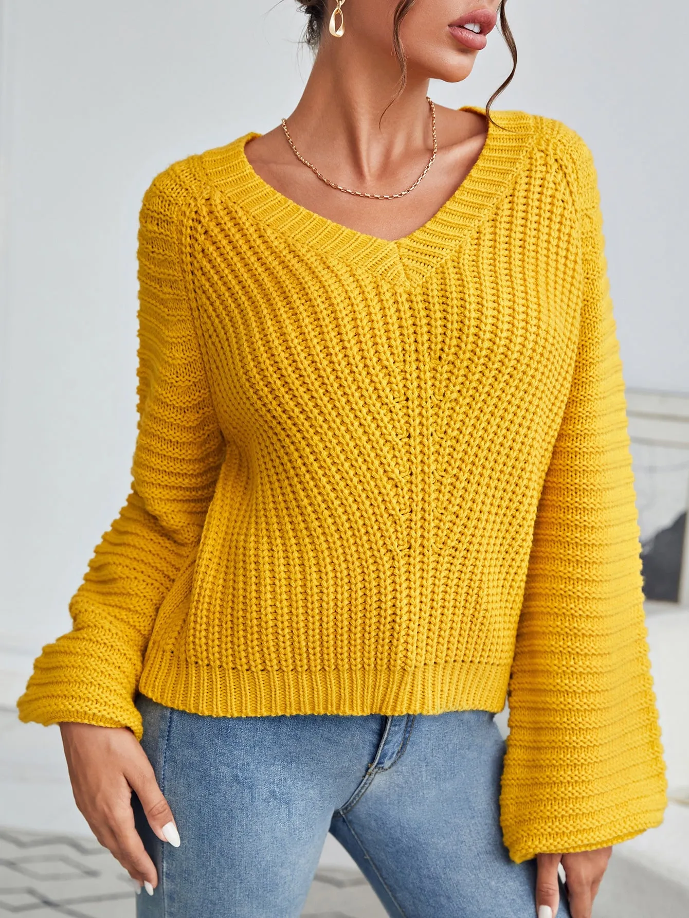 Fashionable Plain Long Sleeve V Neck Regular Women Sweater
