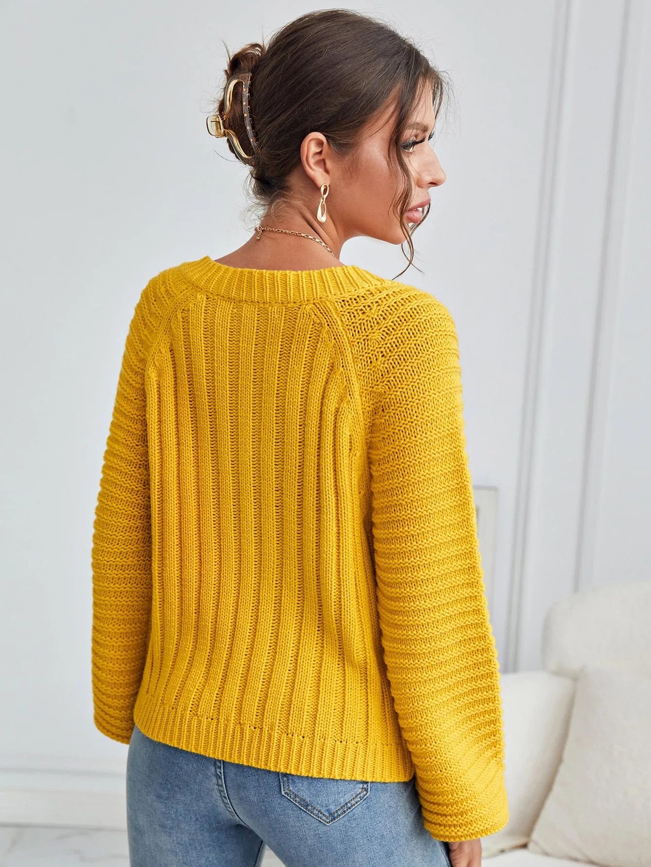 Fashionable Plain Long Sleeve V Neck Regular Women Sweater
