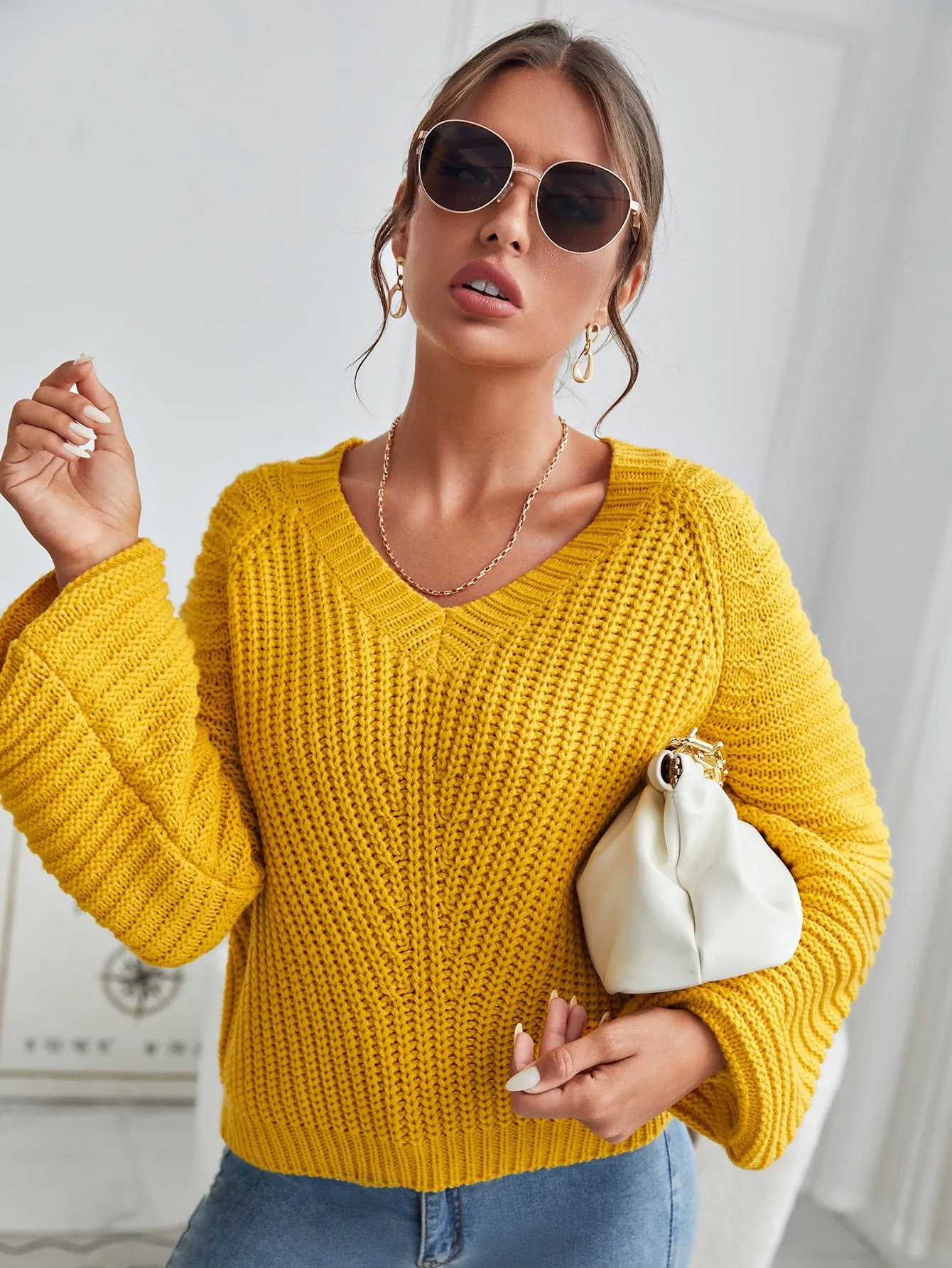 Fashionable Plain Long Sleeve V Neck Regular Women Sweater
