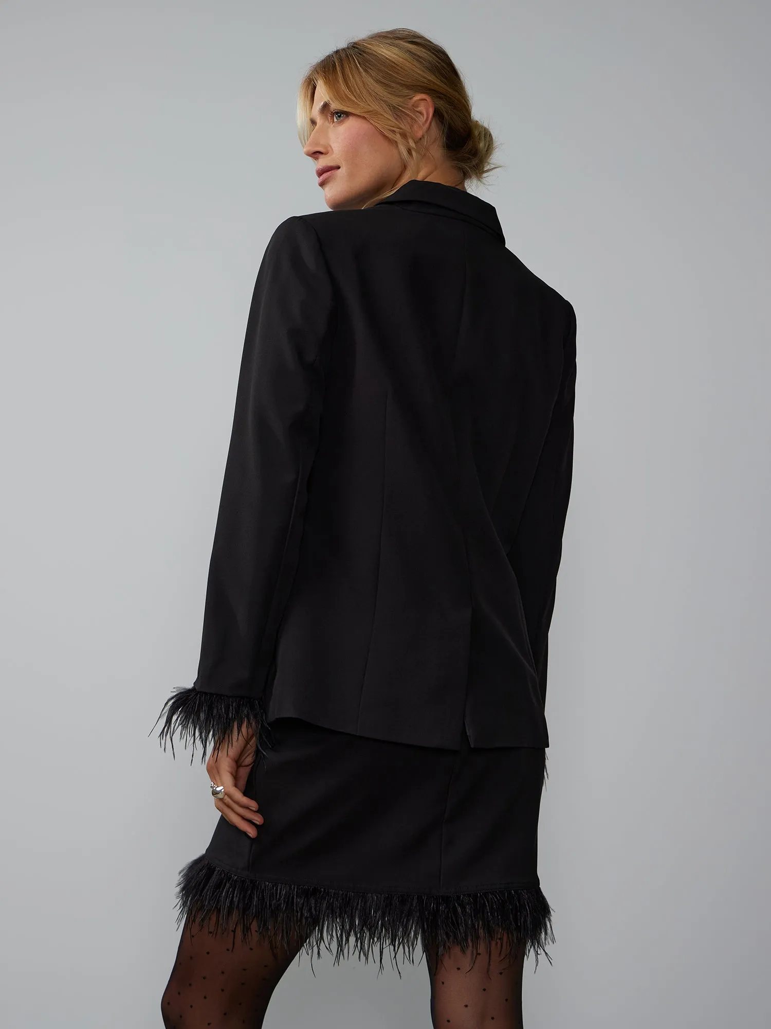 Feather Trim Long Sleeve Blazer