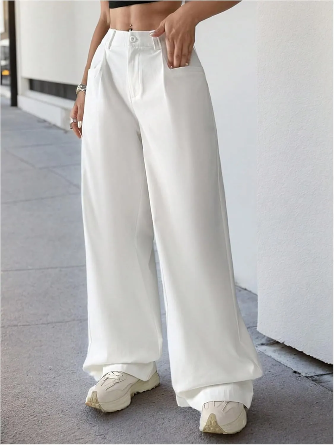 Floerns Women's Casual Baggy Wide Leg Pants Loose Elastic Waist Trousers