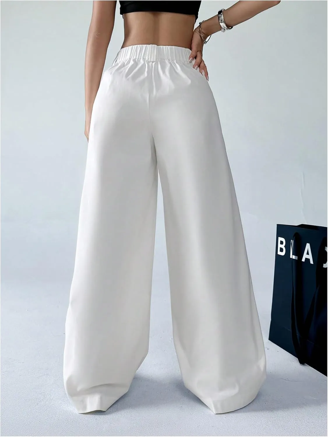 Floerns Women's Casual Baggy Wide Leg Pants Loose Elastic Waist Trousers