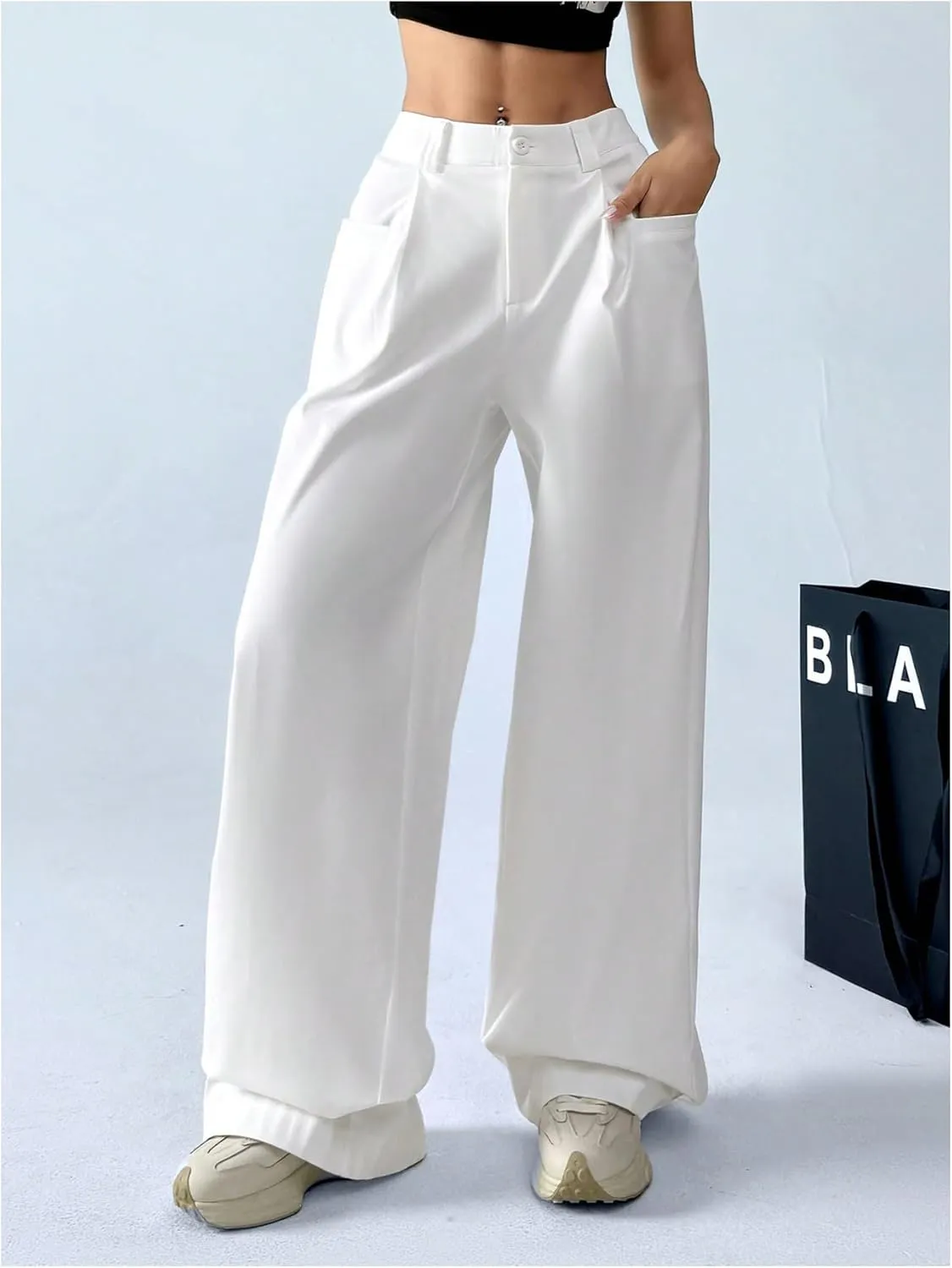 Floerns Women's Casual Baggy Wide Leg Pants Loose Elastic Waist Trousers