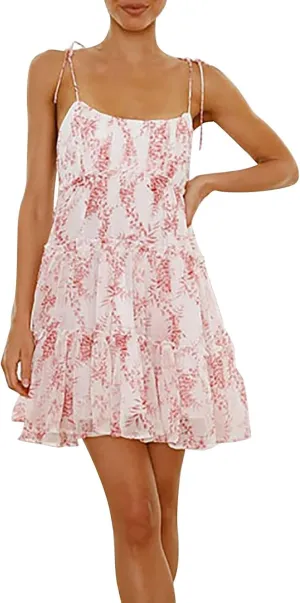 Floral Dress for Women Chiffon Short Mini Skater Dress Flowy Smocked Summer Sun Dresses Spaghetti Strap Tiered Dresses