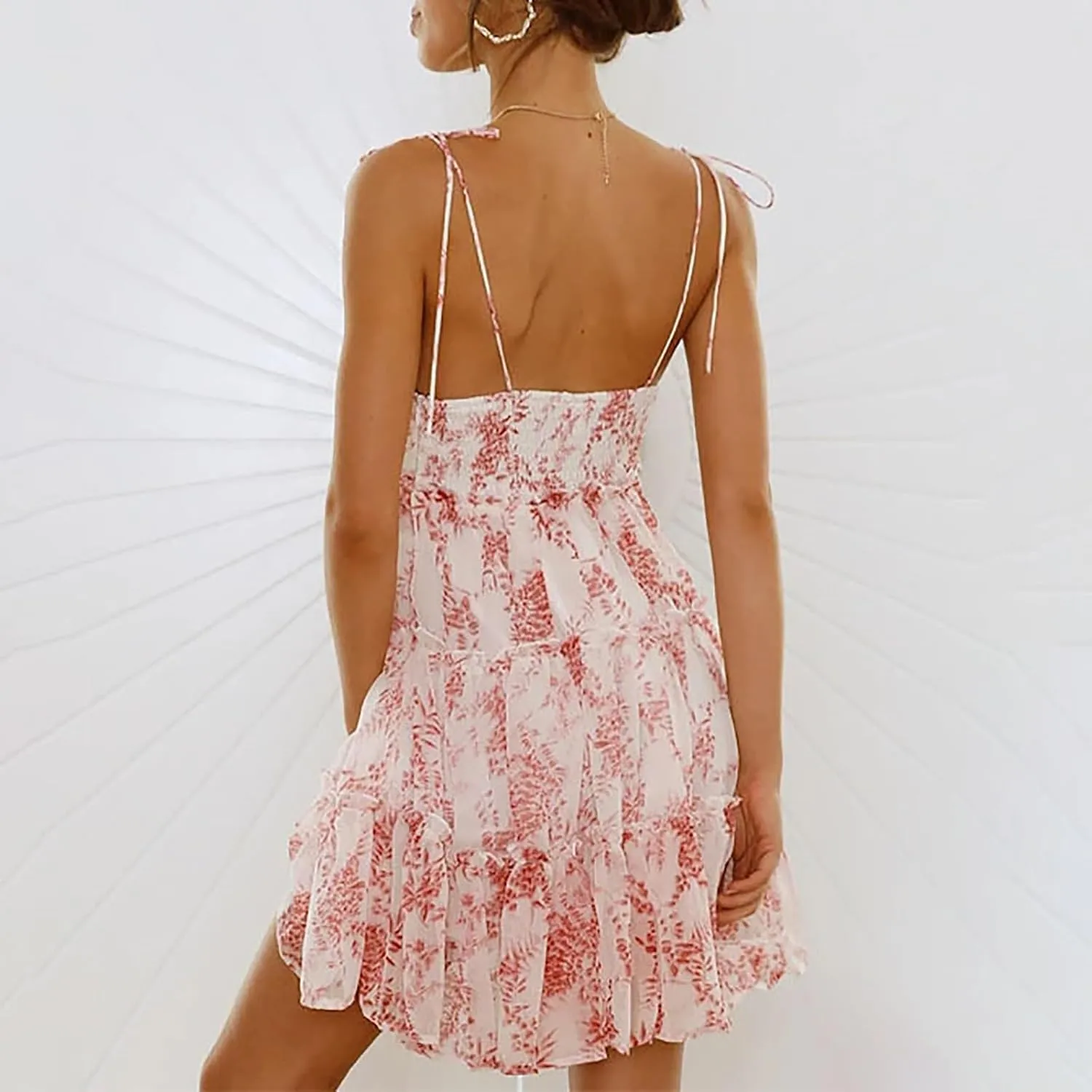 Floral Dress for Women Chiffon Short Mini Skater Dress Flowy Smocked Summer Sun Dresses Spaghetti Strap Tiered Dresses
