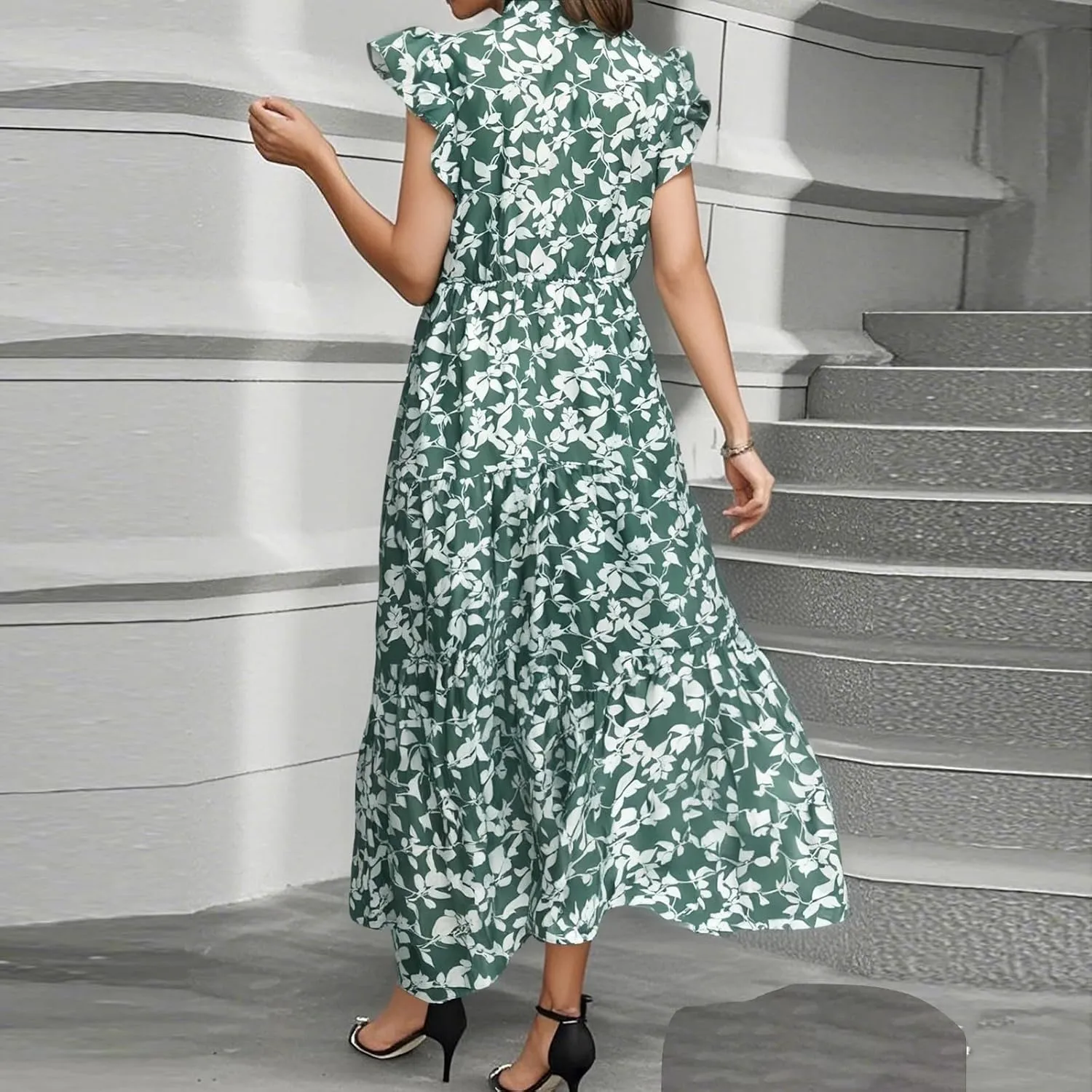 Floral Dress for Women Summer V Neck Ruffle Cap Sleeve Midi Dresses Flowy Boho Casual Beach Vacation Dress