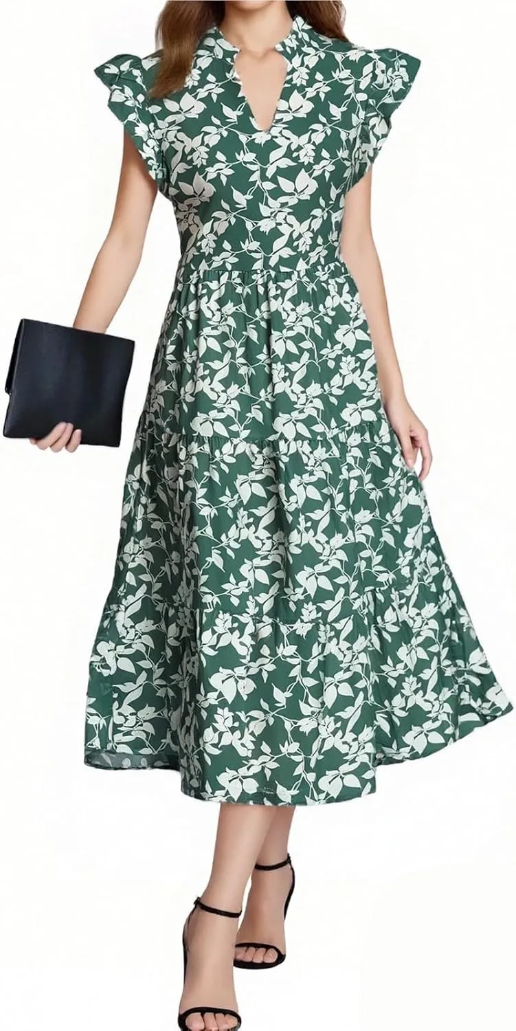 Floral Dress for Women Summer V Neck Ruffle Cap Sleeve Midi Dresses Flowy Boho Casual Beach Vacation Dress