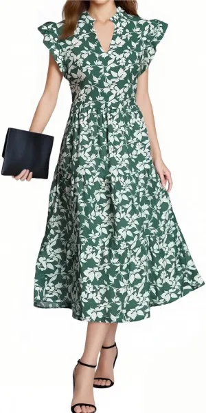 Floral Dress for Women Summer V Neck Ruffle Cap Sleeve Midi Dresses Flowy Boho Casual Beach Vacation Dress