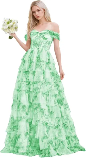 Floral Print Prom Dresses for Teens Chiffon A-line Ball Gown One Shoulder Formal Evening Dresses