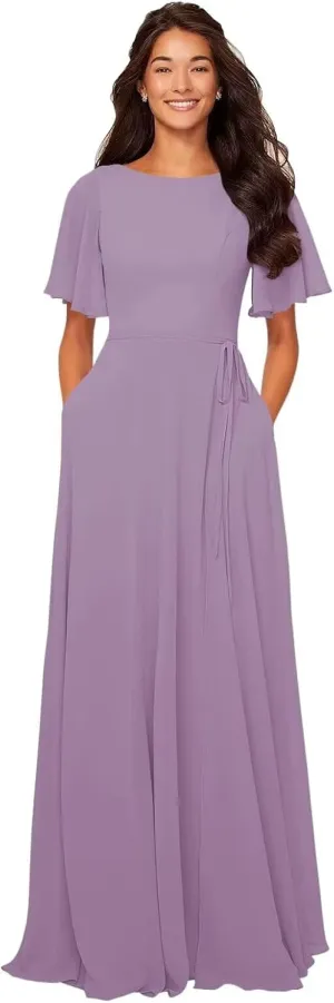 Flutter Sleeve Bridesmaid Dresses Boat Neck Long Pleated Chiffon Formal Dress with Sash QA165