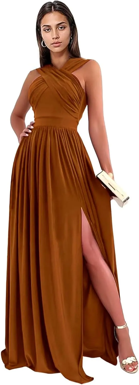 Halter Chiffon Bridesmaid Dresses for Women with Slit Corset Long Ruched Formal Wedding Dress