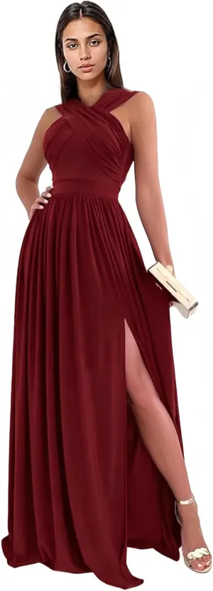 Halter Chiffon Bridesmaid Dresses for Women with Slit Corset Long Ruched Formal Wedding Dress