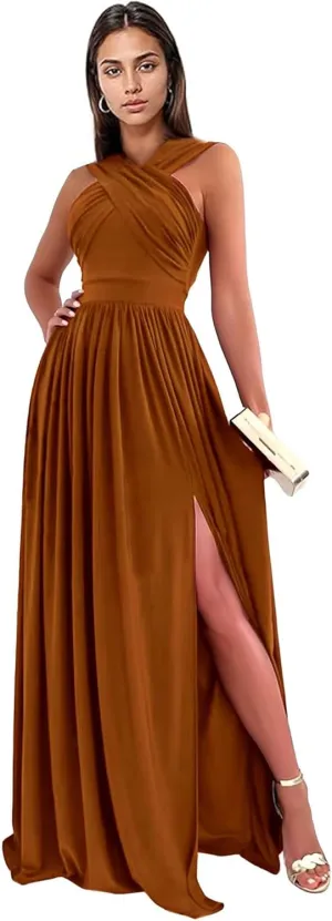 Halter Chiffon Bridesmaid Dresses for Women with Slit Corset Long Ruched Formal Wedding Dress