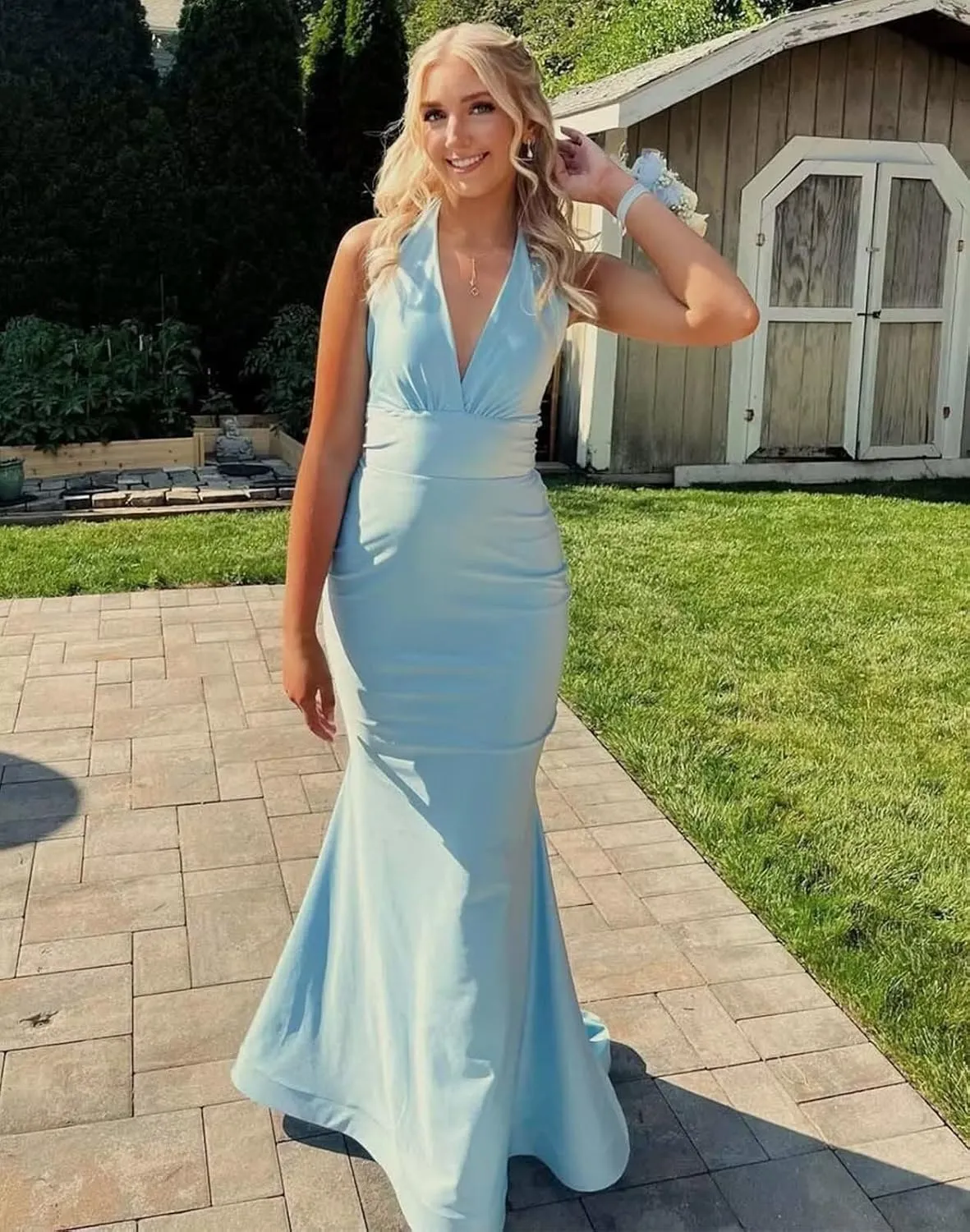 Halter Mermaid Satin Prom Dress with Bow on Back V Neck Backless Formal Evening Gowns