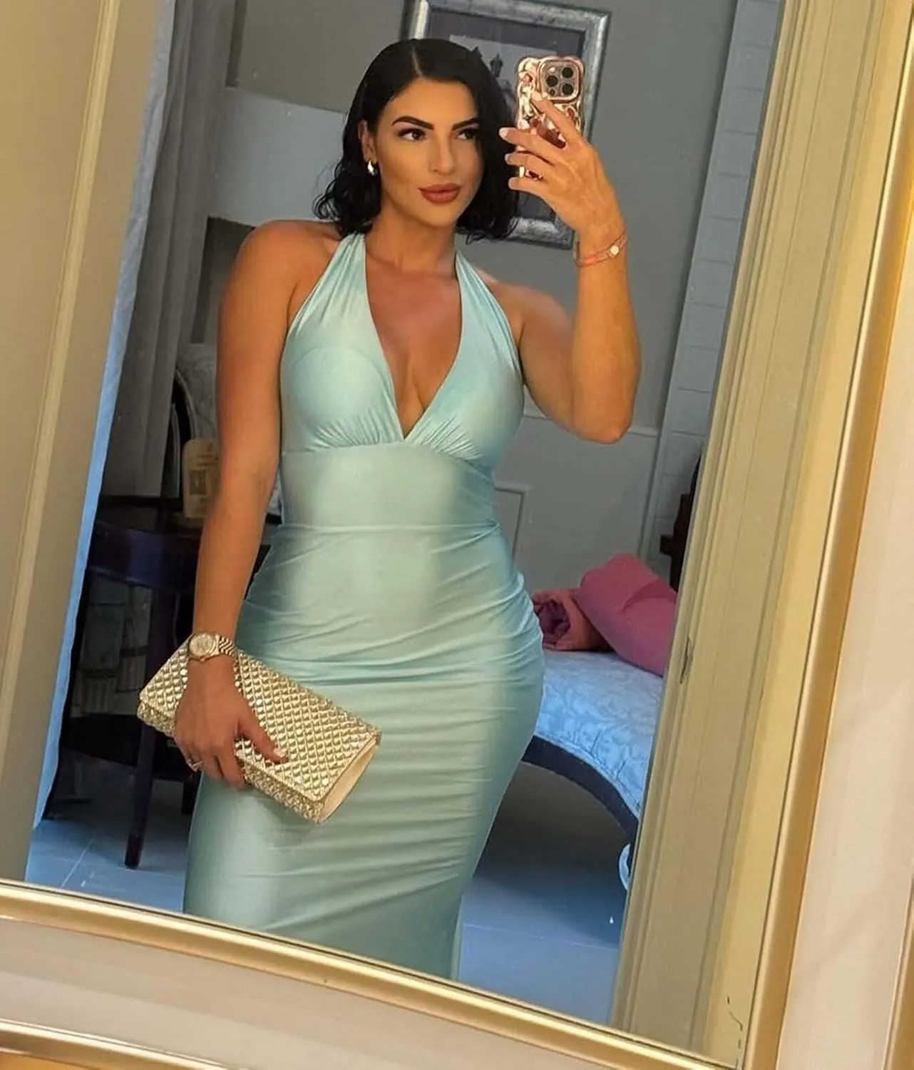 Halter Mermaid Satin Prom Dress with Bow on Back V Neck Backless Formal Evening Gowns