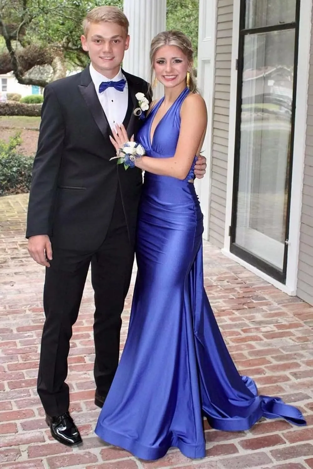 Halter Mermaid Satin Prom Dress with Bow on Back V Neck Backless Formal Evening Gowns