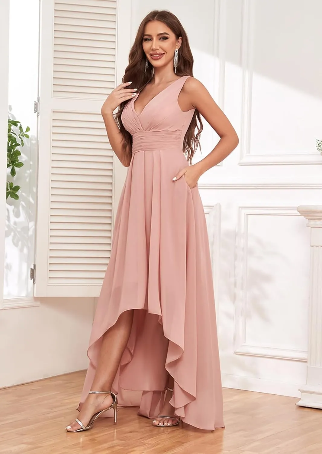 High Low Bridesmaid Dresses for Women V Neck Chiffon Pleated Long Formal Evening Gowns