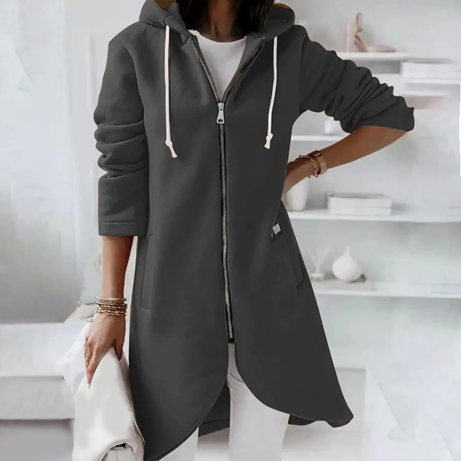 Hoodies For Women Long Zip Up Lightweight Oversized Tunic Sweatshirt Casual Open Front Cardigan Jacket With Pockets