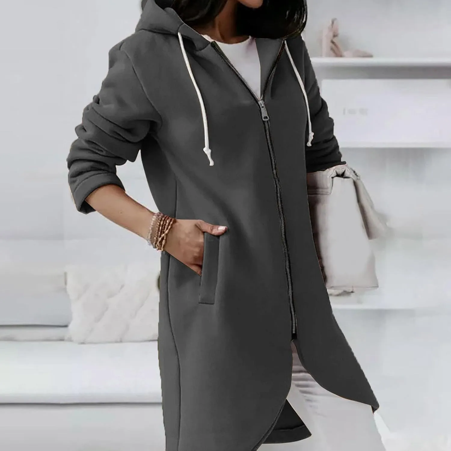 Hoodies For Women Long Zip Up Lightweight Oversized Tunic Sweatshirt Casual Open Front Cardigan Jacket With Pockets
