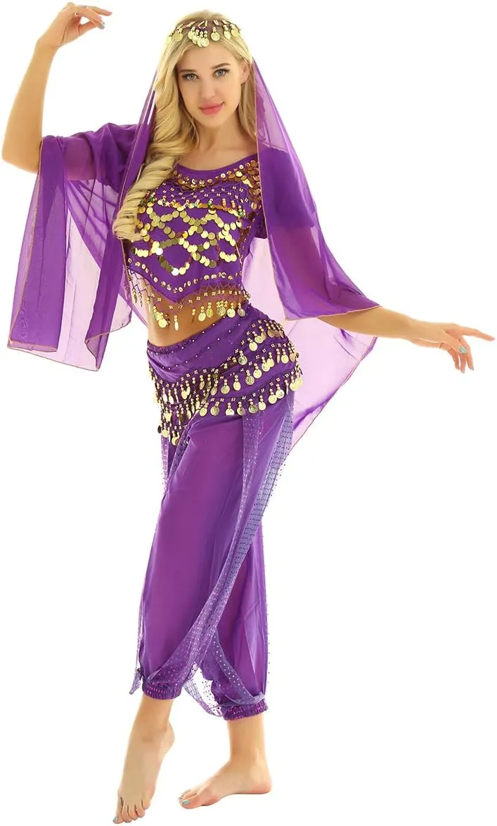 India Belly Dance Costume for Womens Sequin Top Harem Pants Hip Scarf Bollywood Fancy Dress Outfits