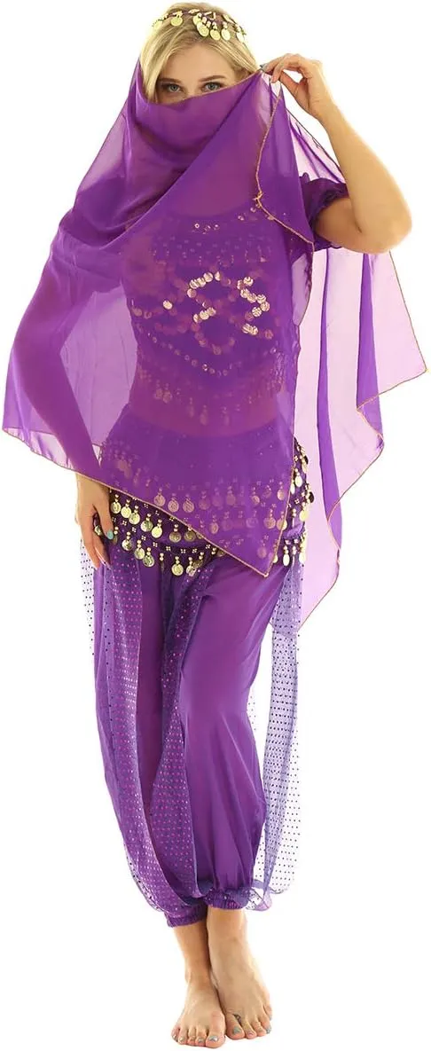 India Belly Dance Costume for Womens Sequin Top Harem Pants Hip Scarf Bollywood Fancy Dress Outfits