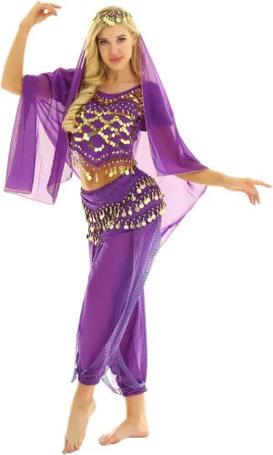 India Belly Dance Costume for Womens Sequin Top Harem Pants Hip Scarf Bollywood Fancy Dress Outfits