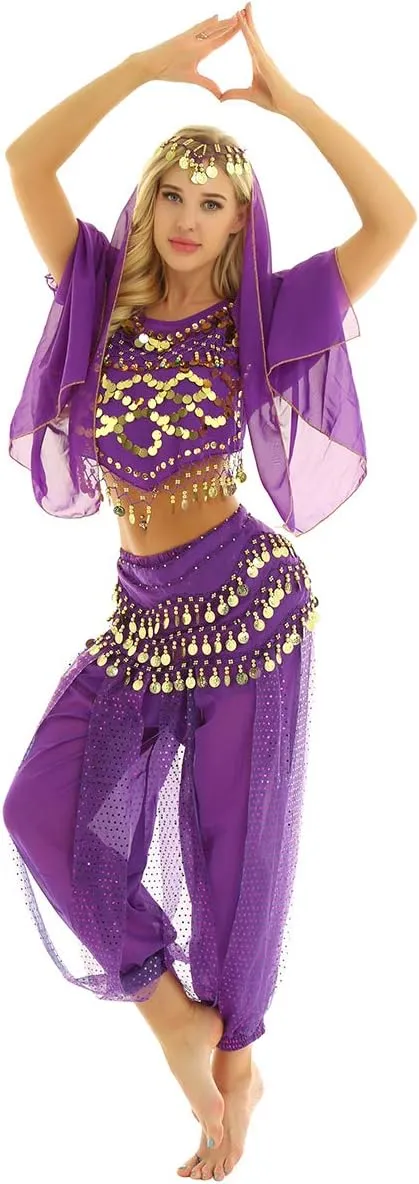 India Belly Dance Costume for Womens Sequin Top Harem Pants Hip Scarf Bollywood Fancy Dress Outfits
