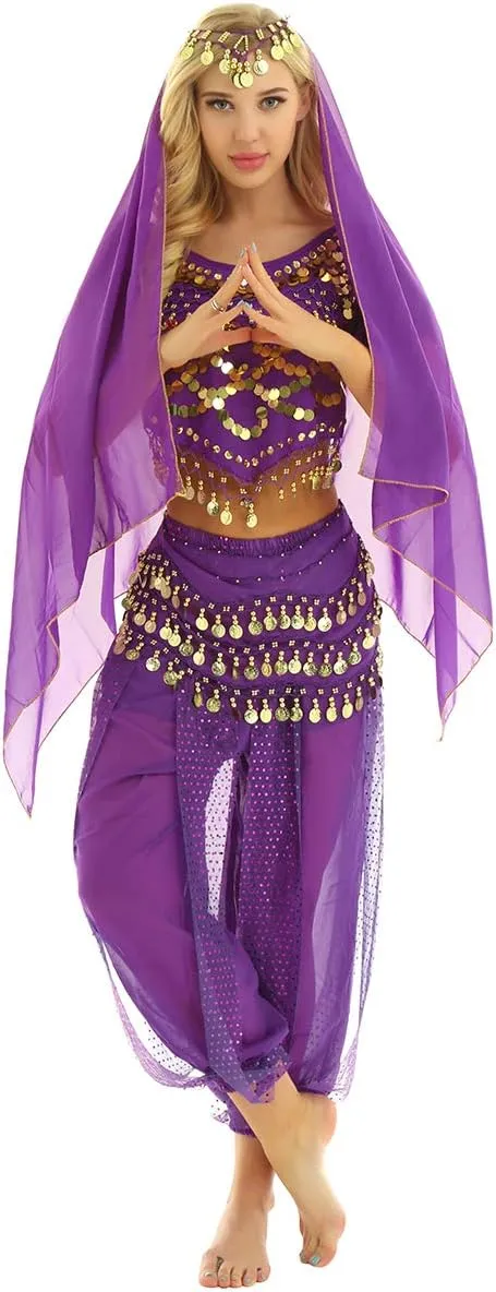 India Belly Dance Costume for Womens Sequin Top Harem Pants Hip Scarf Bollywood Fancy Dress Outfits