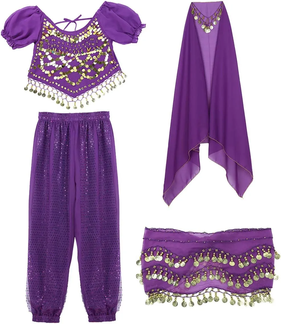 India Belly Dance Costume for Womens Sequin Top Harem Pants Hip Scarf Bollywood Fancy Dress Outfits