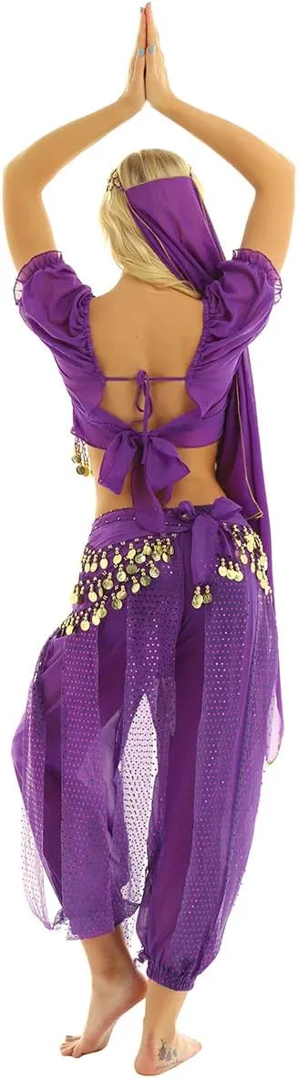 India Belly Dance Costume for Womens Sequin Top Harem Pants Hip Scarf Bollywood Fancy Dress Outfits