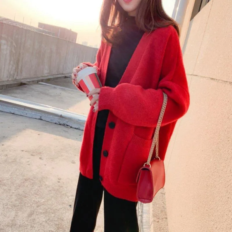 Joskaa Christmas Gift Sweaters Cardigans Women Plus Size 3XL Loose Lazy Elegant Fashionable Ladies Students Solid Simple Womens Sweet Outwear Femme
