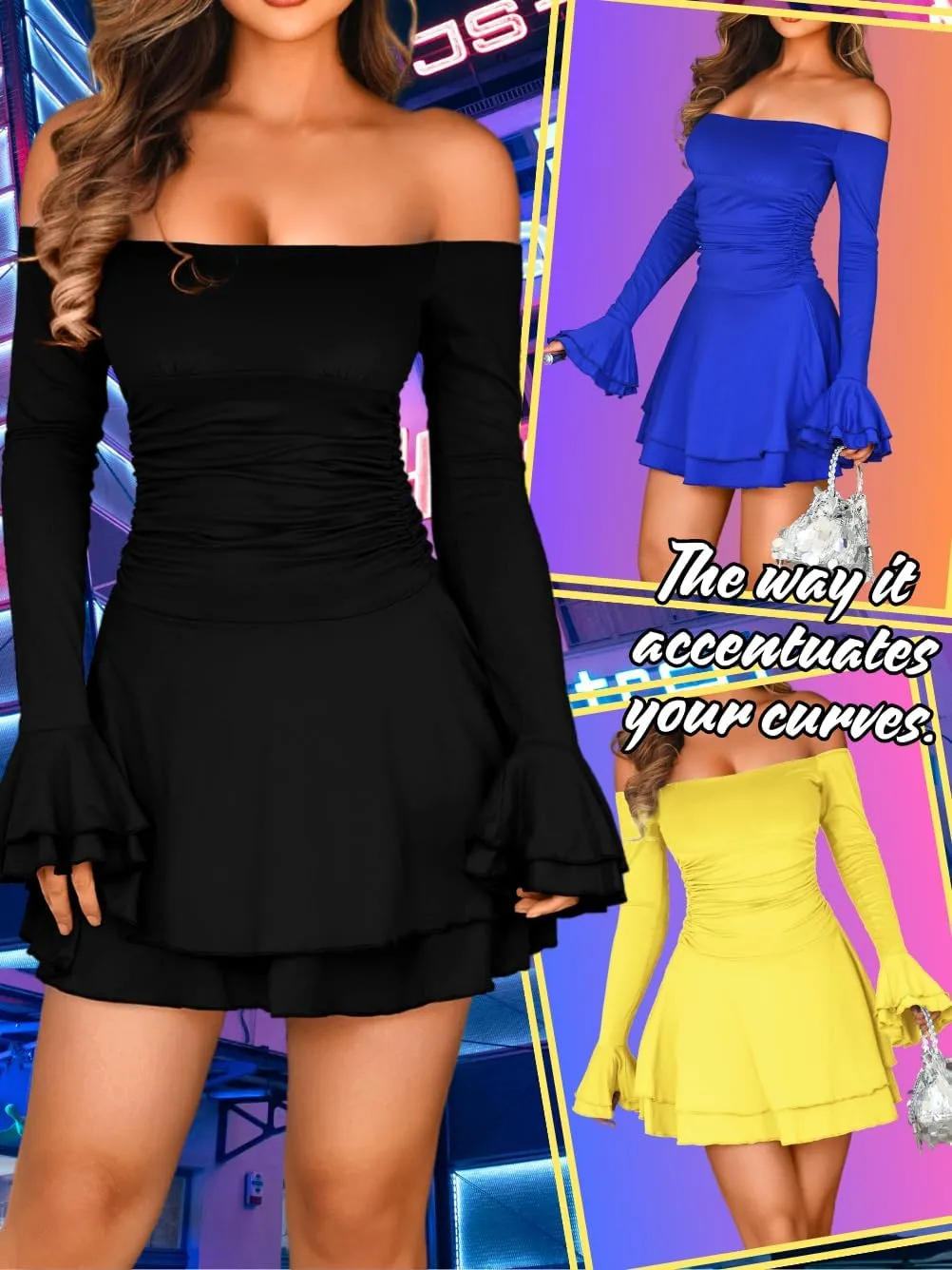 Kaei&Shi Off Shoulder Ruched Ruffle Mini Dress,Long Sleeve Tube Short Dresses,Sexy Club Outfits for Women Cocktail Homecoming