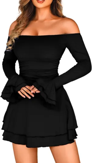 Kaei&Shi Off Shoulder Ruched Ruffle Mini Dress,Long Sleeve Tube Short Dresses,Sexy Club Outfits for Women Cocktail Homecoming