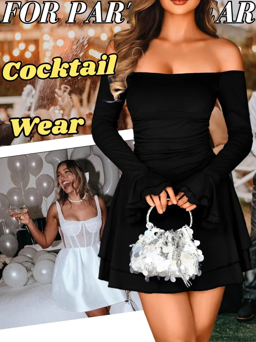 Kaei&Shi Off Shoulder Ruched Ruffle Mini Dress,Long Sleeve Tube Short Dresses,Sexy Club Outfits for Women Cocktail Homecoming