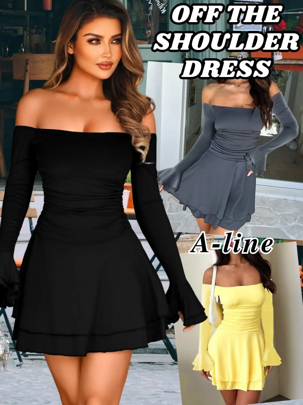 Kaei&Shi Off Shoulder Ruched Ruffle Mini Dress,Long Sleeve Tube Short Dresses,Sexy Club Outfits for Women Cocktail Homecoming