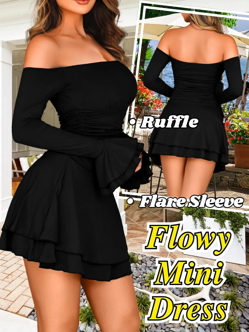 Kaei&Shi Off Shoulder Ruched Ruffle Mini Dress,Long Sleeve Tube Short Dresses,Sexy Club Outfits for Women Cocktail Homecoming