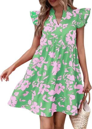 Katutude Women's Floral Dress Flowy Ruffle Sleeve Mini Dress 2024 Trendy Summer Dresses Casual Dress V Neck T-Shirt Dress