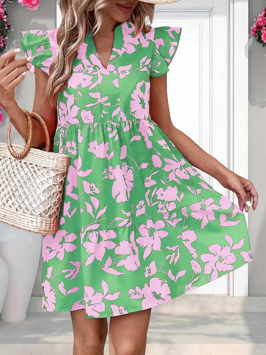 Katutude Women's Floral Dress Flowy Ruffle Sleeve Mini Dress 2024 Trendy Summer Dresses Casual Dress V Neck T-Shirt Dress