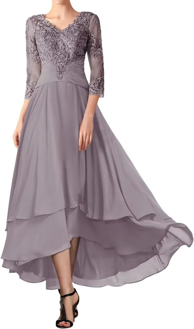 Lace Appliques Mother of The Bride Dresses for Wedding Long Sleeve Chiffon High Low Evening Gowns for Women Formal