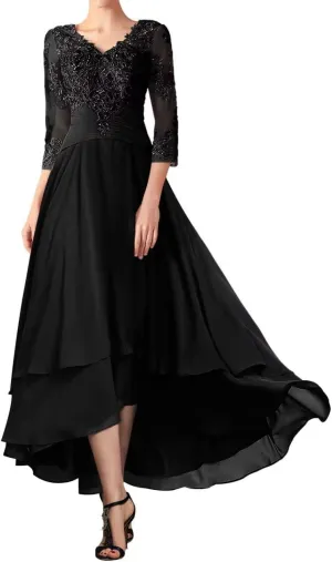 Lace Appliques Mother of The Bride Dresses for Wedding Long Sleeve Chiffon High Low Evening Gowns for Women Formal